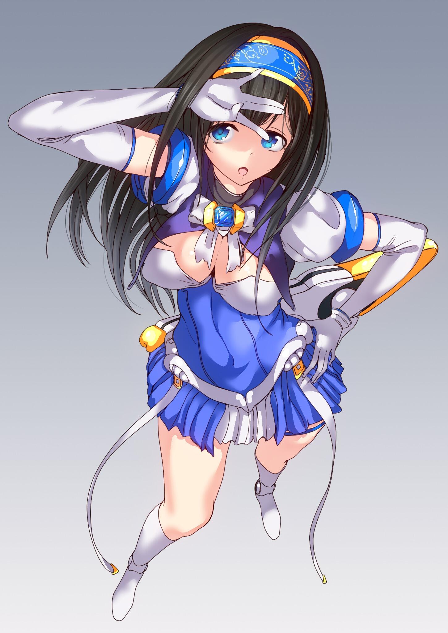 1girl arm_up beat_angel_escalayer black_hair blue_eyes blue_hairband boots breasts cleavage cosplay dress elbow_gloves escalayer escalayer_(cosplay) full_body gloves gradient_background grey_background hairband hand_on_hip highres idolmaster idolmaster_cinderella_girls idolmaster_cinderella_girls_starlight_stage knee_boots kouenji_sayuka large_breasts long_hair magical_girl open_mouth pleated_skirt puffy_short_sleeves puffy_sleeves q_(ed69) sagisawa_fumika short_dress short_sleeves skirt solo standing thigh_strap weapon white_footwear white_gloves