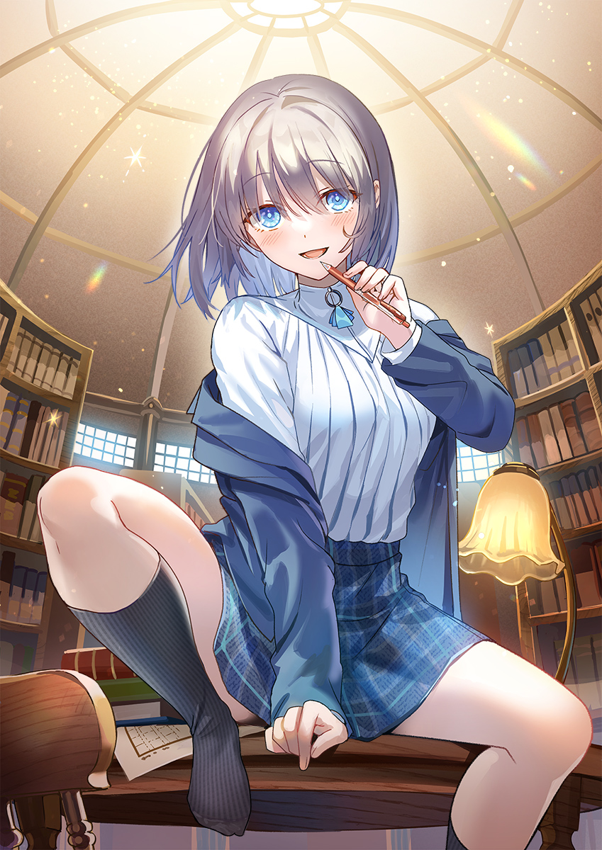 1girl black_socks blue_eyes blue_jacket blue_sky book bookshelf breasts chair character_request copyright_request desk feet foot_out_of_frame grey_hair hair_between_eyes hand_up high-waist_skirt highres holding holding_pen indoors jacket knee_up lamp legs library medium_breasts medium_hair miniskirt no_shoes off_shoulder on_desk open_clothes open_jacket pen plaid plaid_skirt ribbed_socks sitting sitting_on_desk skirt sky socks solo tan_(tangent) toes