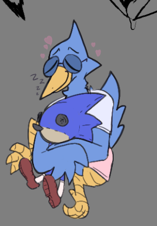 &lt;3 anthro avian berdly bird blue_body blue_feathers cellcone deltarune embrace eyewear feathers glasses hug low_res male nerd plushie sega sleeping solo solo_focus sonic_the_hedgehog sonic_the_hedgehog_(series) sound_effects undertale_(series) vowelless vowelless_sound_effect zzz