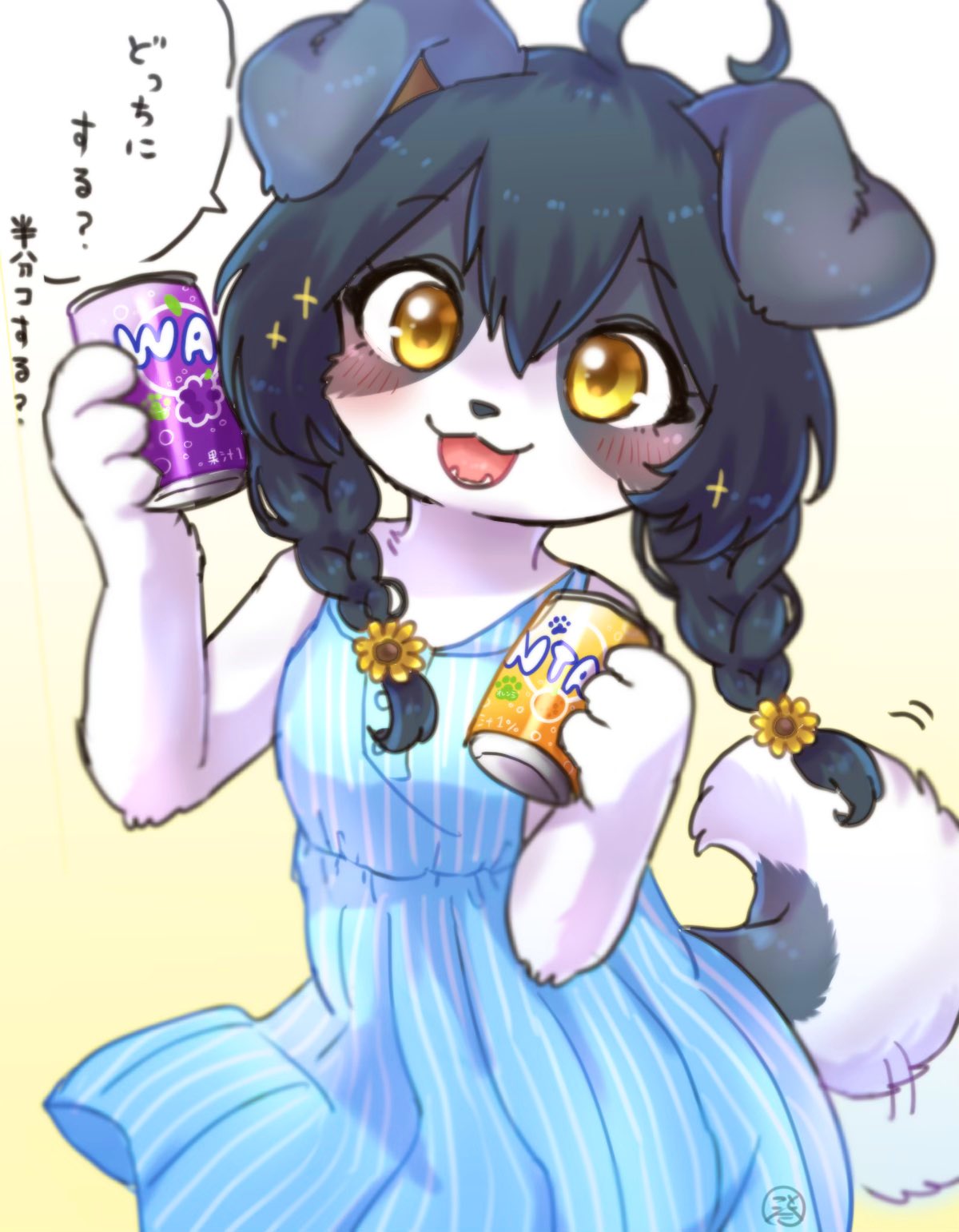 2021 accessory ahoge anthro beverage beverage_can black_hair blush border_collie braided_hair braided_pigtails breasts canid canine canis clothed clothing collie cotorita countershading dialogue digital_media_(artwork) domestic_dog dress fangs fanta female female_anthro floppy_ears flower flower_in_hair fur grey_body grey_fur hair hair_accessory happy herding_dog hi_res holding_object japanese_text kemono koto0v0haru looking_at_viewer mammal multicolored_body multicolored_fur open_mouth pastoral_dog pigtails plant sheepdog small_breasts soda solo speech_bubble tail tail_motion tailwag talking_to_viewer teeth text tongue translation_request two_tone_body two_tone_fur white_body white_fur yellow_eyes