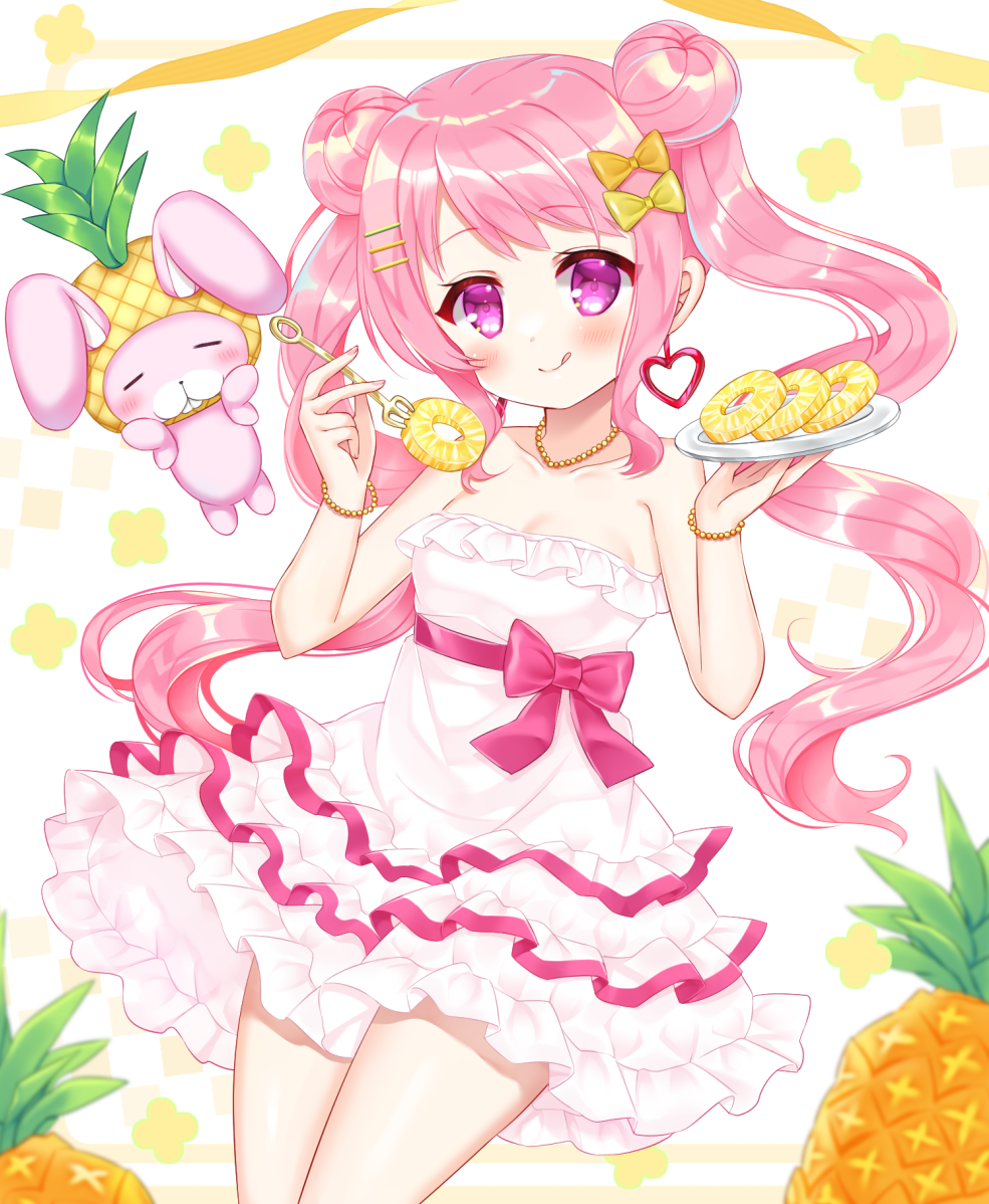 1girl bare_arms bare_shoulders bow breasts cleavage collarbone commission double_bun dress food fork frilled_dress frills fruit hair_bow hair_bun hair_ornament hairclip hands_up holding holding_fork holding_plate jewelry long_hair medium_breasts necklace orange_bow original pineapple pineapple_slice pink_hair plate shikito skeb_commission solo strapless strapless_dress twintails very_long_hair white_background white_dress yellow_bow