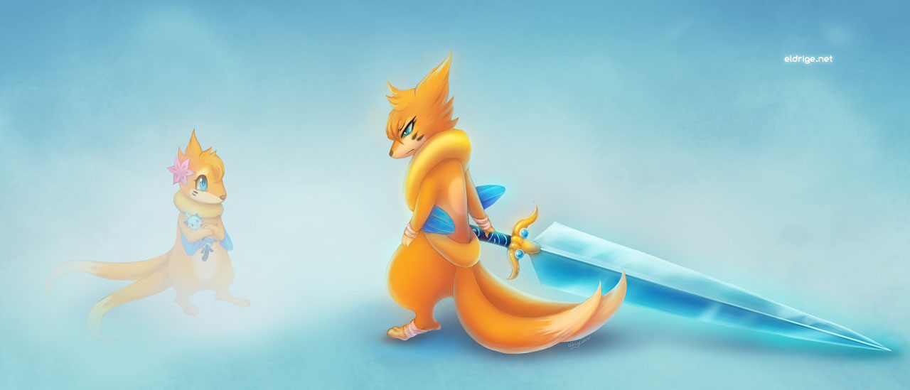 2014 2_tails 3_toes bandage biped blue_background blue_eyes buizel dewott duo eldrige feet female feral fingers floatz floatzel flower fog fur generation_4_pokemon generation_5_pokemon gradient_background hair holding_object holding_weapon looking_at_another melee_weapon multi_tail nintendo orange_body orange_fur orange_hair plant plushie pokemon pokemon_(species) simple_background standing sword tail toes weapon young