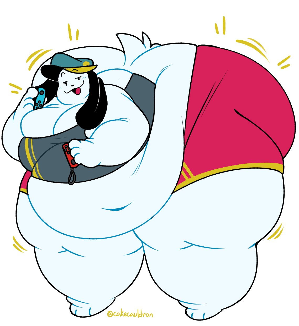 anthro belly belly_overhang big_belly big_breasts breasts cakecauldron canid canine canis cleavage clothed clothing controller curvy_figure domestic_dog female game_controller half-closed_eyes hi_res joycon_controller looking_at_viewer mammal narrowed_eyes nintendo nintendo_controller nintendo_switch obese obese_anthro obese_female open_mouth overweight overweight_anthro overweight_female simple_background solo thick_thighs voluptuous white_background white_body wide_hips
