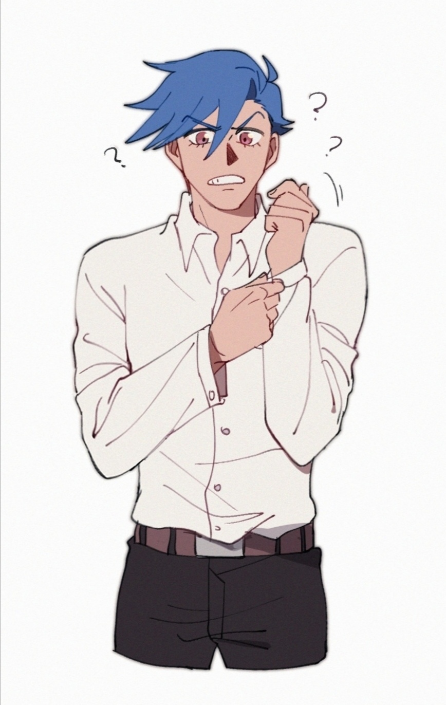 1boy 2608337875 ? adjusting_cuffs blue_hair dress_shirt highres kamina_(ttgl) male_focus red_eyes shirt solo tengen_toppa_gurren_lagann upper_body