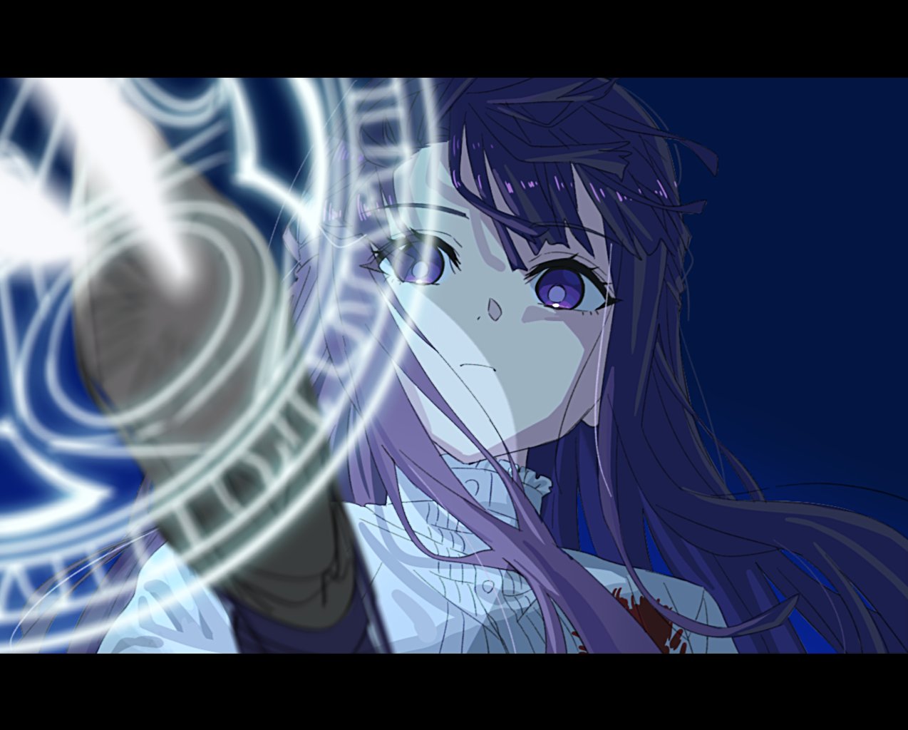 1girl blood blood_on_clothes closed_mouth commentary_request dress expressionless fern_(sousou_no_frieren) floating_hair letterboxed long_hair looking_at_viewer magic magic_circle purple_background purple_eyes purple_hair ribbed_dress simple_background solo sousou_no_frieren staff to9_722 white_dress wind wind_lift