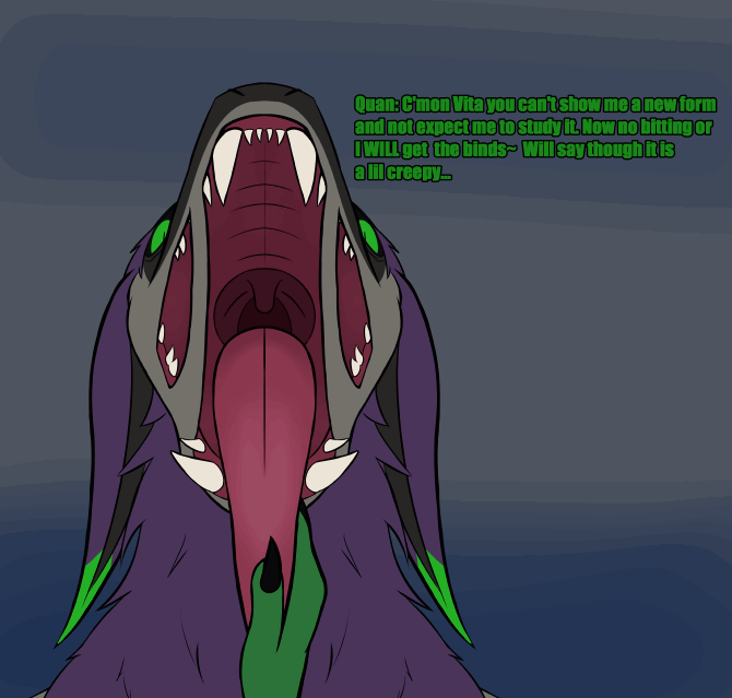 ambiguous_gender animated anthro breath breathing chimera dialogue duo fur green_body green_eyes green_fur grey_body intersex intersex/male male mawplay mouth_shot open_mouth purple_body purple_fur quan_zillan shape_shifter teeth text thorny_gremlin tongue tongue_out vita