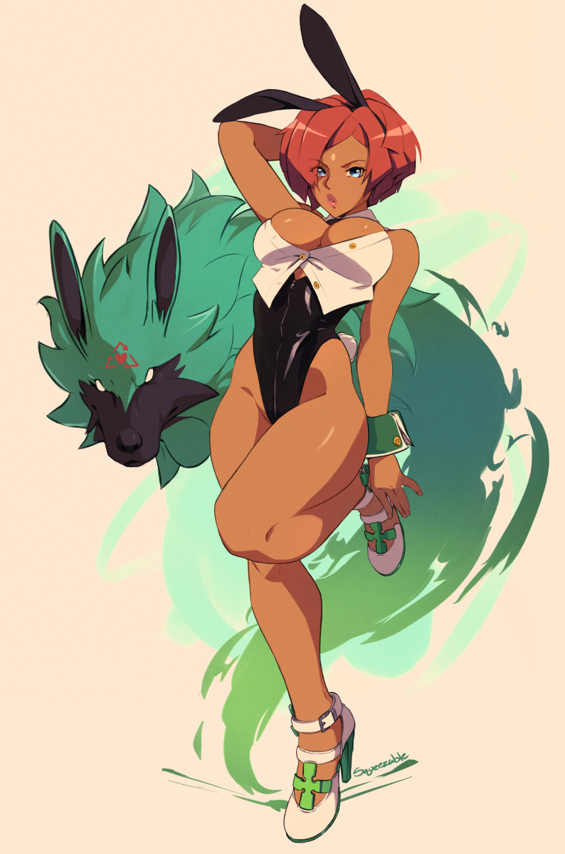 1girl animal_ears arm_behind_head arm_up artist_name asymmetrical_bangs bare_arms bare_legs bare_shoulders blue_eyes breasts buttons commentary dark-skinned_female dark_skin detached_collar english_commentary eyes_visible_through_hair fake_animal_ears full_body giovanna_(guilty_gear) guilty_gear guilty_gear_strive high_heels highleg highleg_leotard highres large_breasts leotard parted_lips pink_lips playboy_bunny puckered_lips rabbit_ears rabbit_tail red_hair rei_(guilty_gear) shoes short_hair simple_background solo squeezable_(artist) tail wrist_cuffs