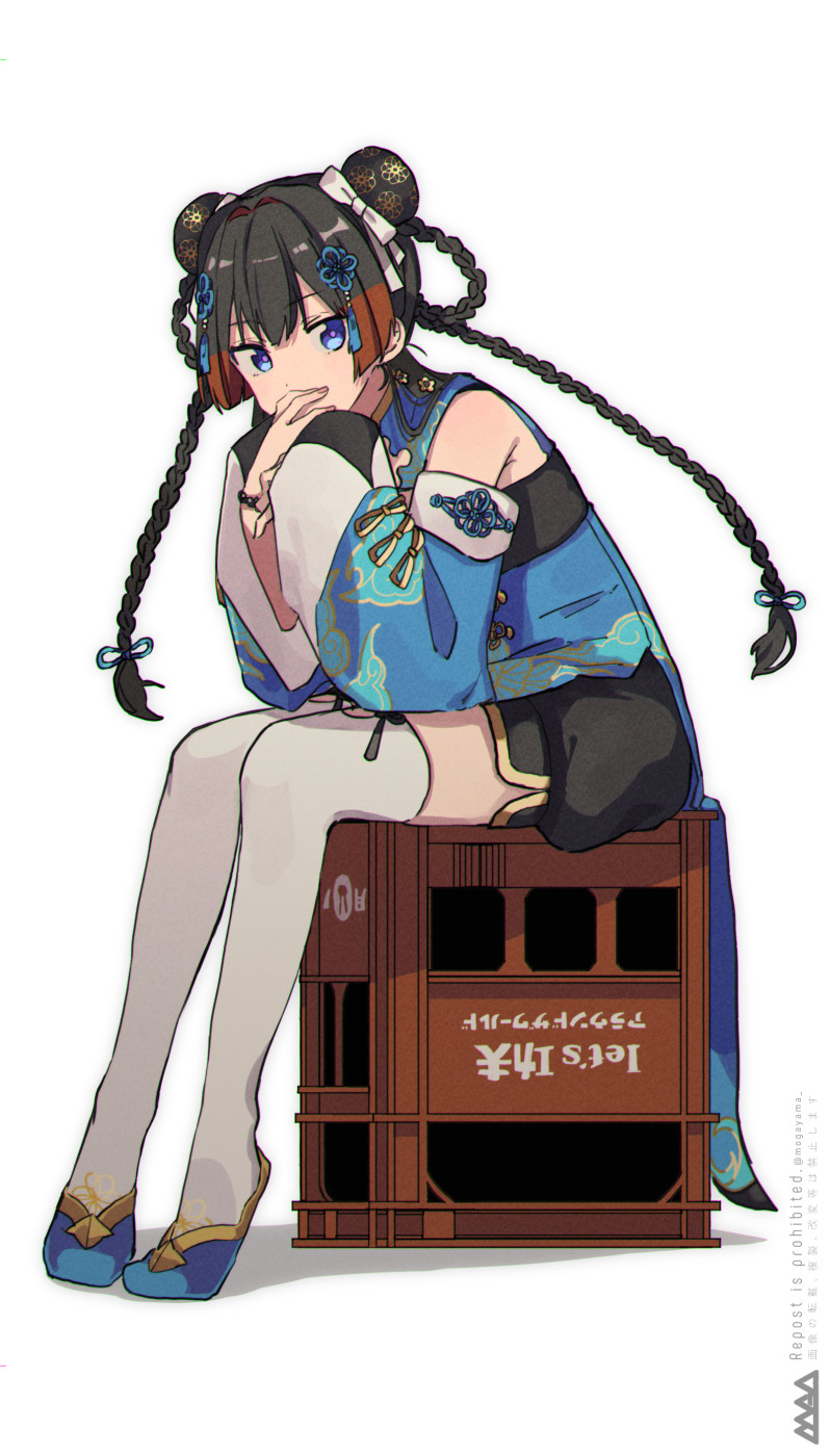 1girl black_hair blue_dress blue_eyes blue_footwear blue_ribbon blue_sleeves bow braid chinese_clothes cloud_print covering_mouth crate detached_sleeves double_bun dress floral_print full_body hair_bun hair_ribbon hand_over_own_mouth highres long_hair looking_at_viewer mogayama multicolored_hair nijisanji official_alternate_costume red_hair ribbon shoes sitting solo thighhighs tsukino_mito twin_braids very_long_hair virtual_youtuber white_bow white_thighhighs wide_sleeves