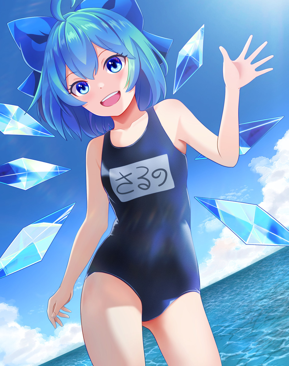 1girl ahoge black_one-piece_swimsuit blue_bow blue_eyes blue_hair bow cirno commentary_request detached_wings hair_bow highres horizon ice ice_wings kisaragi_koushi looking_at_viewer ocean one-piece_swimsuit open_mouth outdoors short_hair solo swimsuit teeth touhou upper_teeth_only wings