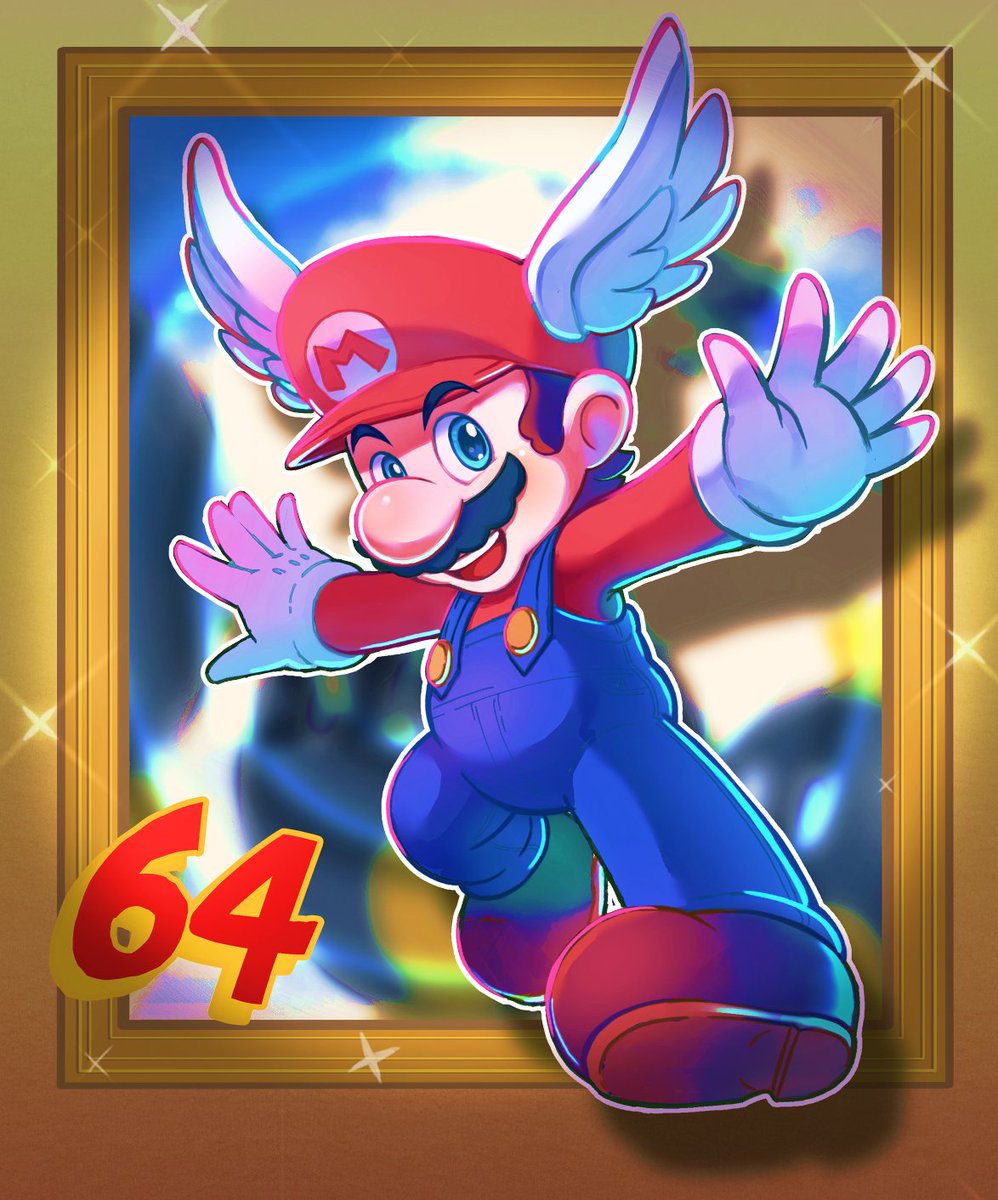 1boy blue_eyes blue_overalls boots brown_footwear co_co_mg facial_hair gloves hat highres mario mario_(series) mustache open_mouth overalls red_headwear red_shirt shirt super_mario_64 teeth upper_teeth_only white_gloves wing_cap