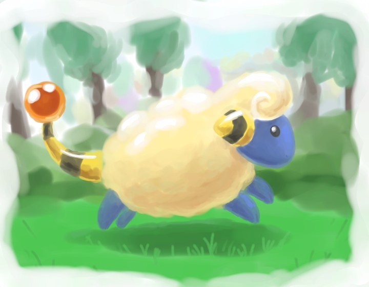 black_eyes from_side grass horns mareep no_humans pokemon pokemon_(creature) running shadow sheep solo striped_horns striped_tail tail tree wool zawabug