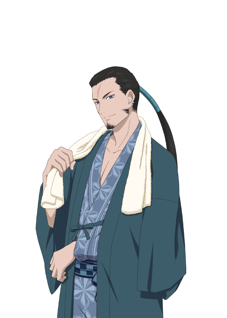 1boy black_hair blue_eyes english_commentary facial_hair goatee holding holding_towel mature_male official_art ricardo_soldato scar scar_on_face scar_on_forehead smile solo tales_of_(series) tales_of_asteria tales_of_innocence towel towel_around_neck transparent_background upper_body
