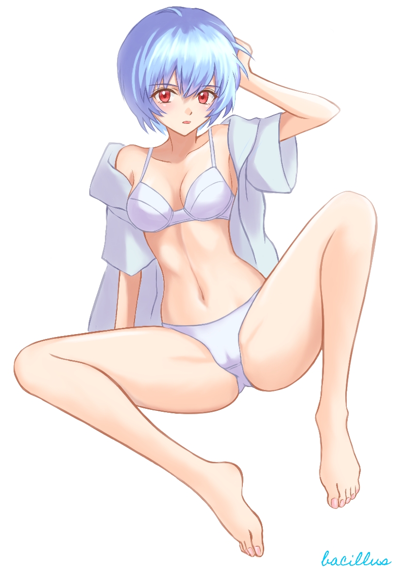 1girl arm_support artist_name ayanami_rei bacillus bare_shoulders barefoot blue_hair blush bra breasts cameltoe collarbone commentary full_body hair_between_eyes hand_on_own_head looking_at_viewer medium_breasts midriff nail_polish navel neon_genesis_evangelion off_shoulder open_clothes open_shirt paid_reward_available panties parted_lips pink_nails red_eyes shirt short_hair short_sleeves signature simple_background sitting solo spread_legs underwear white_background white_bra white_panties white_shirt wide_spread_legs