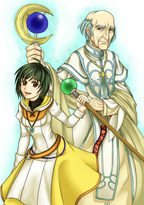 1boy 1girl :d bald_cap balding dress fire_emblem fire_emblem:_radiant_dawn green_hair hetzel_(fire_emblem) holding holding_staff laura_(fire_emblem) looking_at_another old old_man open_mouth purutoppu_(toranohige) robe smile staff white_dress white_robe