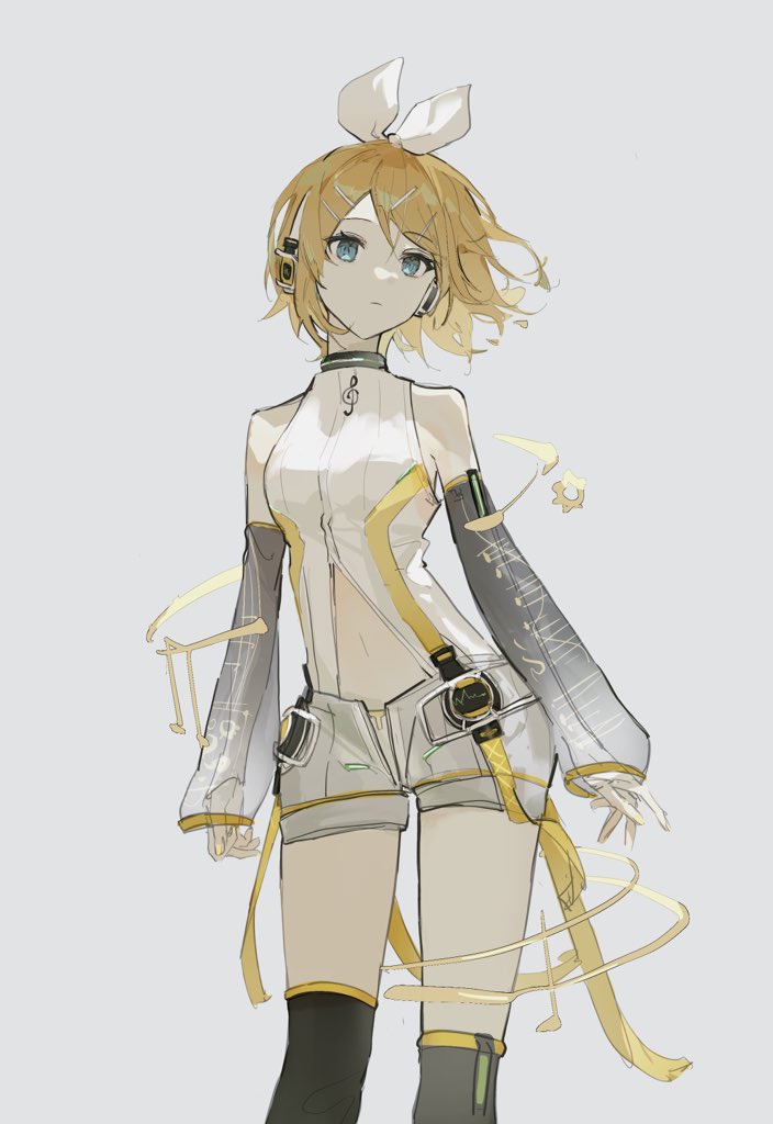 1girl aqua_eyes arm_warmers bare_shoulders beamed_eighth_notes blonde_hair bow clothing_cutout commentary contrapposto cowboy_shot detached_sleeves eighth_note grey_background hair_bow hair_ornament hairclip head_tilt headphones headset hip_gear kagamine_rin kagamine_rin_(append) leg_warmers looking_at_viewer musical_note navel navel_cutout pendant_choker popped_collar pye_yyy quarter_note see-through see-through_sleeves short_hair shorts solo standing treble_clef vocaloid vocaloid_append