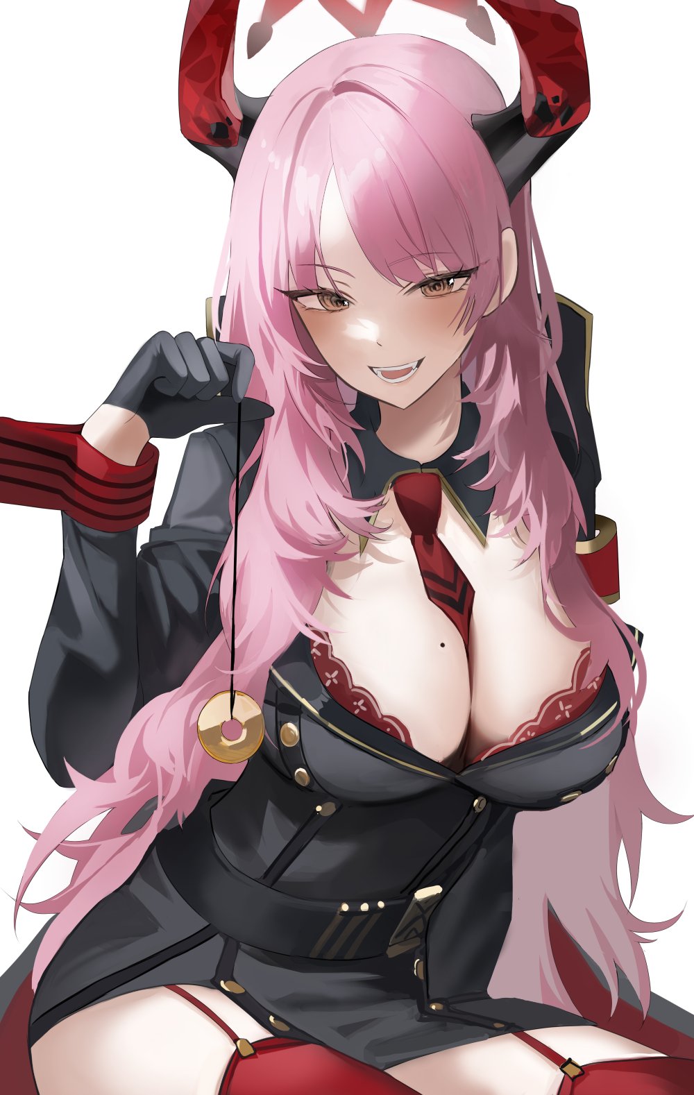 1girl between_breasts black_gloves black_jacket blue_archive blush breasts coin demon_horns detached_collar fangs gloves halo highres holed_coin horns jacket large_breasts long_hair looking_at_viewer messy_hair military_uniform mole mole_on_breast necktie necktie_between_breasts o_cha_(seyc3447) pendulum pink_hair red_garter_straps red_necktie red_thighhighs satsuki_(blue_archive) simple_background smile solo thighhighs uniform very_long_hair white_background wrist_cuffs