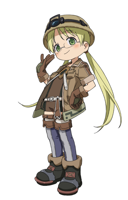1girl belt black_footwear blonde_hair blue_thighhighs blush boots brown_gloves brown_headwear brown_jacket closed_mouth full_body glasses gloves green_eyes hand_on_own_hip hand_up headlamp helmet jacket long_hair looking_at_viewer made_in_abyss open_clothes open_jacket riko_(made_in_abyss) short_sleeves simple_background single_vertical_stripe smile solo standing thighhighs twintails very_long_hair white_background white_belt yoko.u