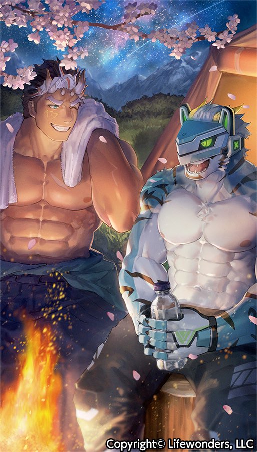 2boys abs aqua_fur bara black_hair blue_eyes bottle campfire cherry_blossoms commentary_request company_name copyright dark-skinned_male dark_skin demon_boy demon_horns extra_horns fangs fingerless_gloves fire furry furry_male gloves grin helmet holding holding_bottle horns large_pectorals live_a_hero looking_at_another macroich_(housamo) male_focus multicolored_hair multiple_boys muscular muscular_male neumo night nipples one_eye_closed pectorals petals rexer_(live_a_hero) shooting_star short_hair sky smile star_(sky) starry_sky tent thick_eyebrows tokyo_afterschool_summoners topless_male towel towel_around_neck water_bottle white_hair