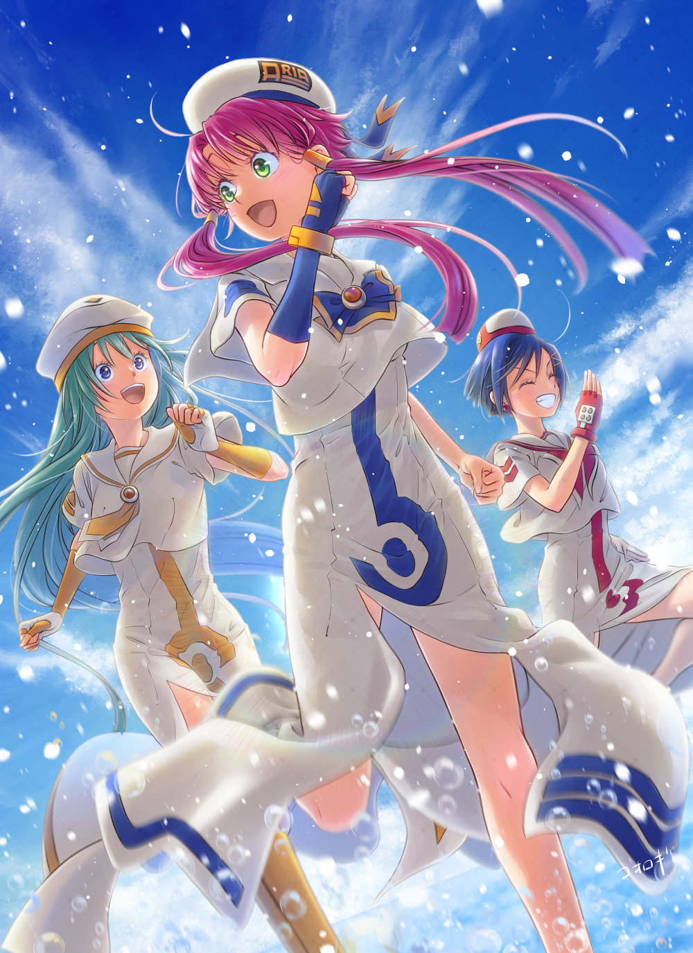 3girls aika_granzchesta alice_carroll aqua_hair aria aria_company_uniform artist_name beret blue_bow blue_bowtie blue_eyes blue_gloves blue_hair blue_ribbon blue_sky bow bowtie bracelet breasts closed_eyes cloud cloudy_sky day dress dutch_angle earrings fingerless_gloves foot_out_of_frame gloves gold_necktie gold_trim green_eyes hair_between_eyes hair_ornament hair_tubes hand_up hat hat_ribbon highres himeya_company_uniform jewelry koorogi_(kijinabe_to_kitsunedon) legs long_dress long_hair looking_at_another looking_back medium_breasts mizunashi_akari multiple_girls open_mouth orange_planet_uniform parted_bangs pink_hair print_dress red_bow red_bowtie red_headwear ribbon running sailor_collar short_hair short_hair_with_long_locks short_sleeves side_slit sidelocks signature single_glove sky small_breasts splashing standing standing_on_one_leg teeth thighs two-tone_headwear upper_teeth_only white_dress white_headwear x_hair_ornament