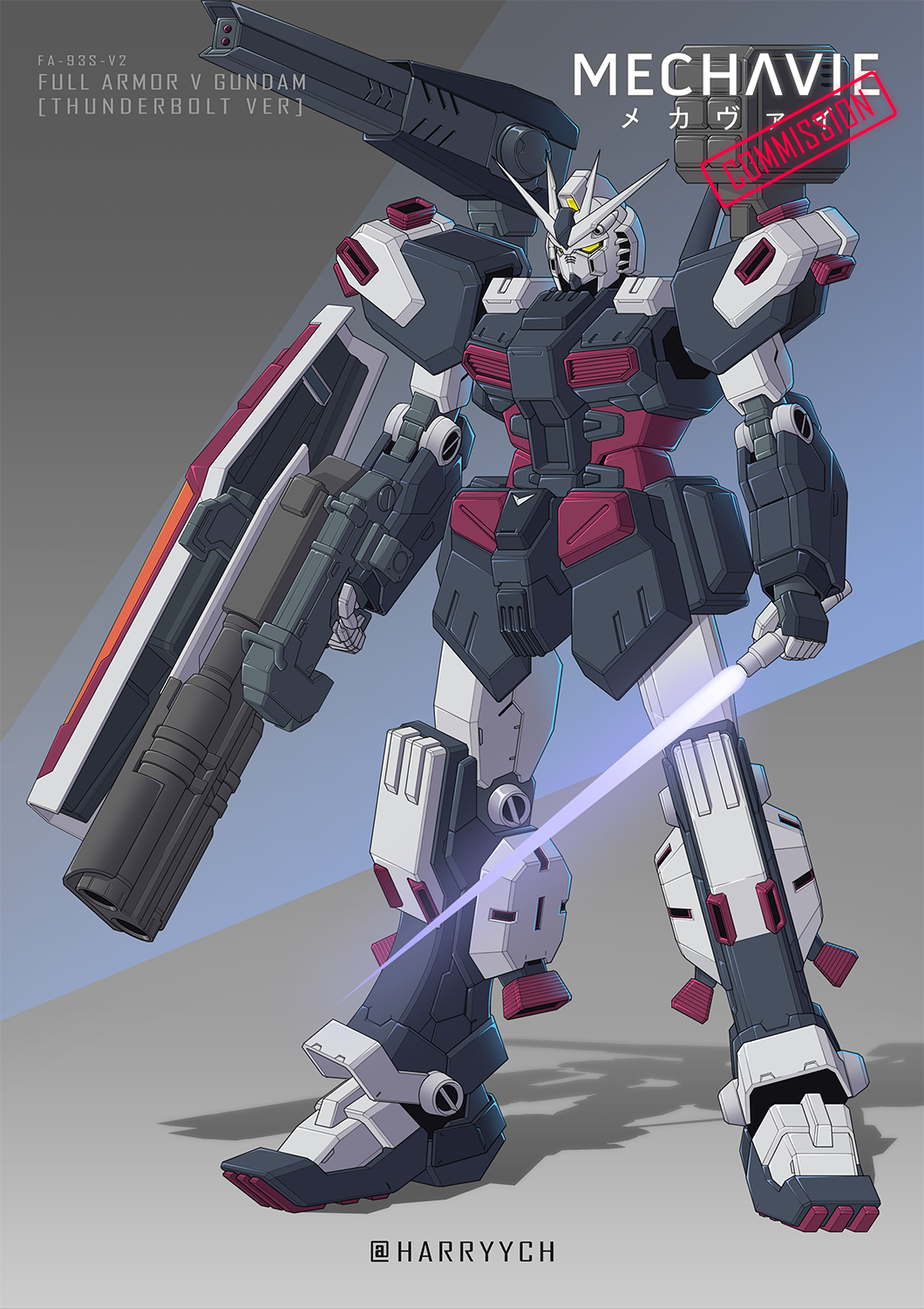 beam_cannon beam_saber blue_background char's_counterattack character_name commentary_request commission dual_wielding english_commentary full_armor_gundam fusion grey_background gun gundam gundam_thunderbolt harryych highres holding holding_gun holding_sword holding_weapon mecha missile_pod mixed-language_commentary mobile_suit no_humans nu_gundam pixiv_commission robot science_fiction shadow shield shoulder_cannon solo standing sword twitter_username two-tone_background v-fin weapon yellow_eyes