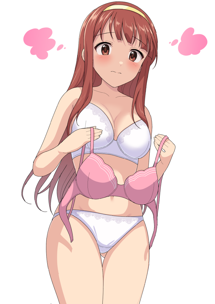 1girl ass_visible_through_thighs blush bra breasts brown_eyes brown_hair closed_mouth commentary cowboy_shot crotch_seam frown hairband holding holding_bra holding_clothes holding_underwear idolmaster idolmaster_million_live! long_hair looking_at_viewer medium_breasts navel panties perapera pink_bra simple_background solo standing tanaka_kotoha thigh_gap underwear underwear_only white_background white_bra white_panties yellow_hairband