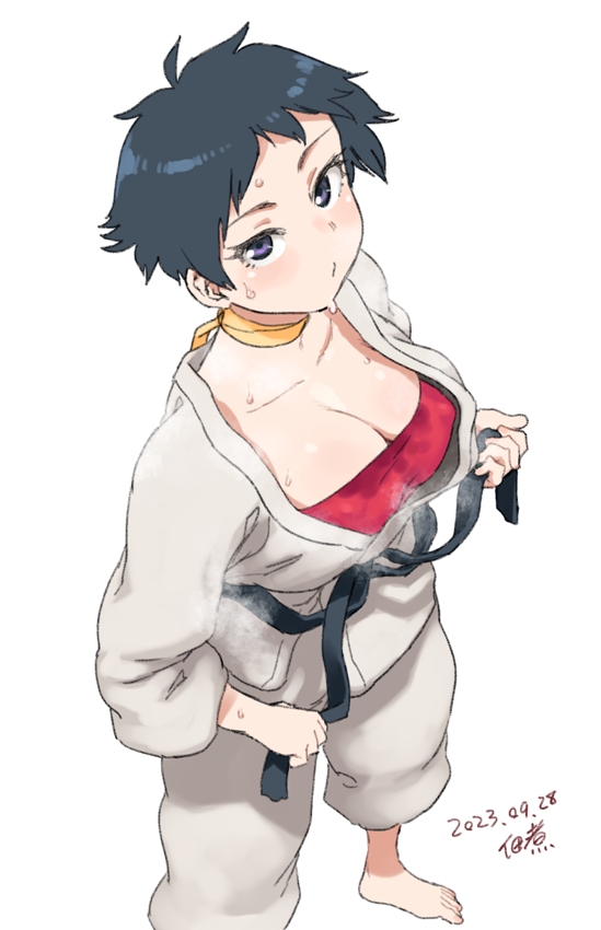 1girl barefoot black_hair breasts choker cleavage commentary_request dated dougi foot_out_of_frame from_above karate_gi light_blush looking_at_viewer makoto_(street_fighter) martial_arts_belt red_sports_bra ribbon_choker short_hair signature solo sports_bra steaming_body street_fighter street_fighter_iii_(series) sweat tomboy tsukudani_(coke-buta) untying white_background yellow_choker