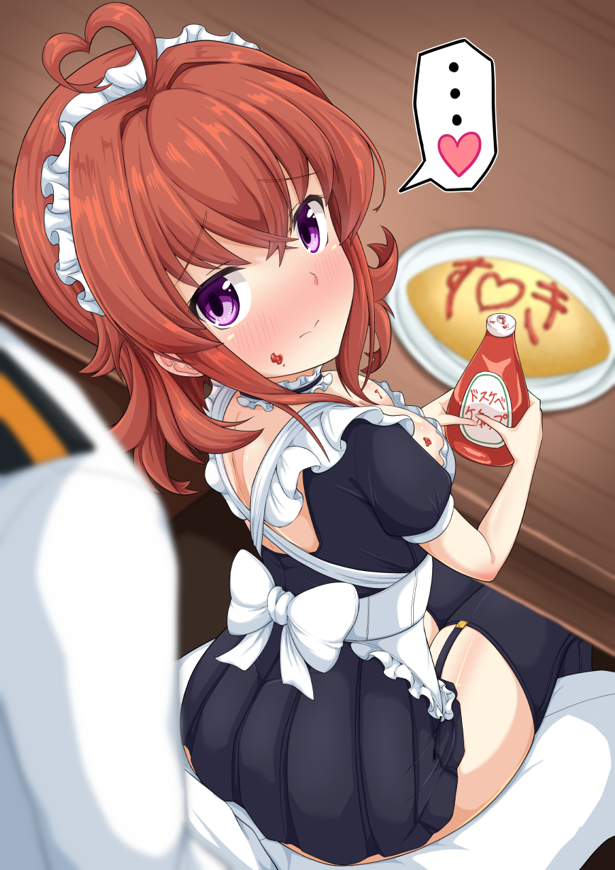 1boy 1girl ahoge alternate_costume apron arashi_(kancolle) ass black_dress black_thighhighs blush bottle breasts chaos_0829 dress enmaided food garter_straps heart heart_ahoge highres holding holding_bottle kantai_collection ketchup ketchup_bottle looking_at_viewer maid maid_apron maid_headdress medium_breasts medium_hair omelet omurice purple_eyes red_hair short_dress short_sleeves sitting sitting_on_lap sitting_on_person solo_focus speech_bubble spoken_heart thighhighs white_apron