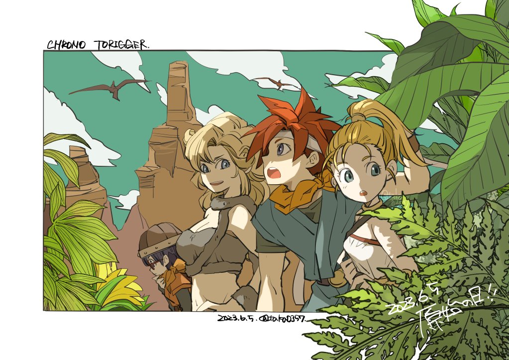 1boy 3girls ayla_(chrono_trigger) bare_shoulders blonde_hair blue_tunic border breasts cavewoman chrono_trigger cleavage cloud cloudy_sky crono_(chrono_trigger) curly_hair dated glasses grey_eyes headband helmet large_breasts looking_at_another lucca_ashtear marle_(chrono_trigger) multiple_girls neckerchief orange_neckerchief outdoors parted_lips plant ponytail pterosaur purple_hair red_hair sky smile spiked_hair takase_toho twitter_username upper_body watermark white_border white_headband white_romper