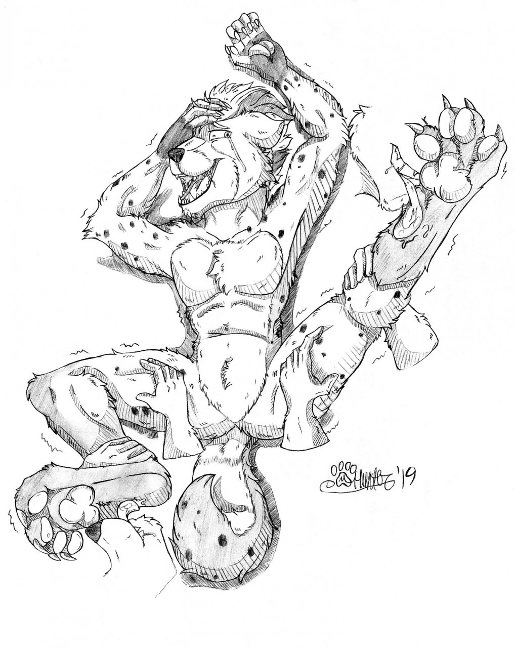 2019 anthro chest_tuft claws disembodied_hand fangs featureless_crotch foot_fetish foot_lick foot_play fur hair hi_res hyena licking looking_aside male mammal marcushunter nude open_mouth paws signature solo spots spotted_body spotted_fur tail tail_between_legs teeth tickle_torture tickling toe_claws tongue tongue_out tuft