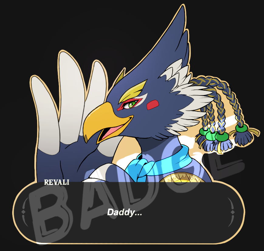 1boy arijuno beak bird_boy black_background blue_fur blue_hair blue_scarf blush_stickers body_fur braid character_name commentary english_commentary english_text from_side furry furry_male green_eyes hair_tie hand_up happy looking_at_viewer male_focus open_mouth outline portrait profile quad_tails revali rito scarf short_hair simple_background smile solo talking the_legend_of_zelda the_legend_of_zelda:_breath_of_the_wild two-tone_fur watermark white_fur yellow_outline