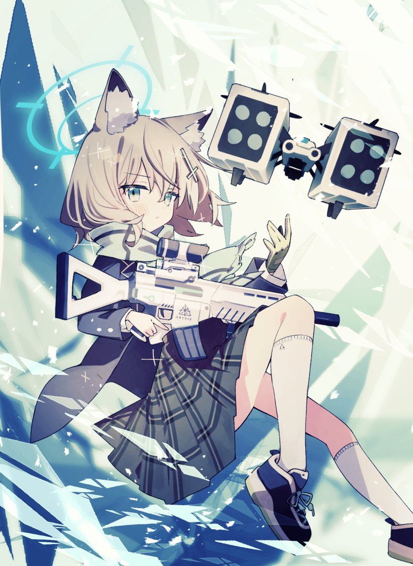 1girl animal_ear_fluff animal_ears aqua_eyes aqua_scarf assault_rifle black_skirt blazer blue_archive blue_footwear blue_jacket bright_pupils commentary cross_hair_ornament dot_mouth dot_nose drone gloves green_gloves grey_hair gun hair_between_eyes hair_ornament holding holding_gun holding_weapon jacket kasuga_haruhi knee_up light_particles long_sleeves looking_at_viewer medium_hair mismatched_pupils multicolored_background open_clothes open_jacket plaid plaid_skirt pleated_skirt rifle school_uniform shiroko_(blue_archive) shirt sig_556 single_glove skirt socks weapon white_pupils white_shirt white_socks wolf_ears wolf_girl