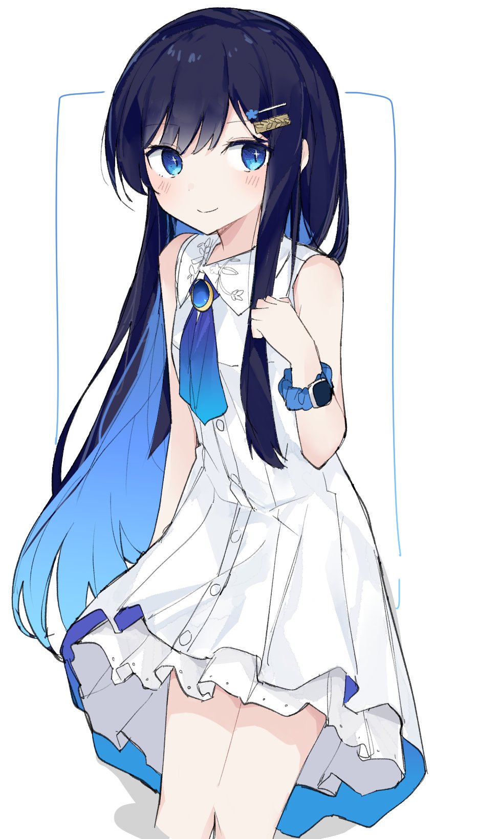 1girl arm_at_side black_hair blue_eyes blue_hair blue_ribbon blush breasts brooch buttons cevio closed_mouth collared_dress colored_inner_hair commentary_request cropped_legs dress floating_hair futaba_minato gradient_neck_ribbon hair_ornament hairclip hand_up highres jewelry layered_dress leaning_forward long_hair looking_at_viewer multicolored_hair ribbon single_sidelock sleeveless sleeveless_dress small_breasts smartwatch smile solo sparkling_eyes subaritsuku watch white_background white_dress wristwatch
