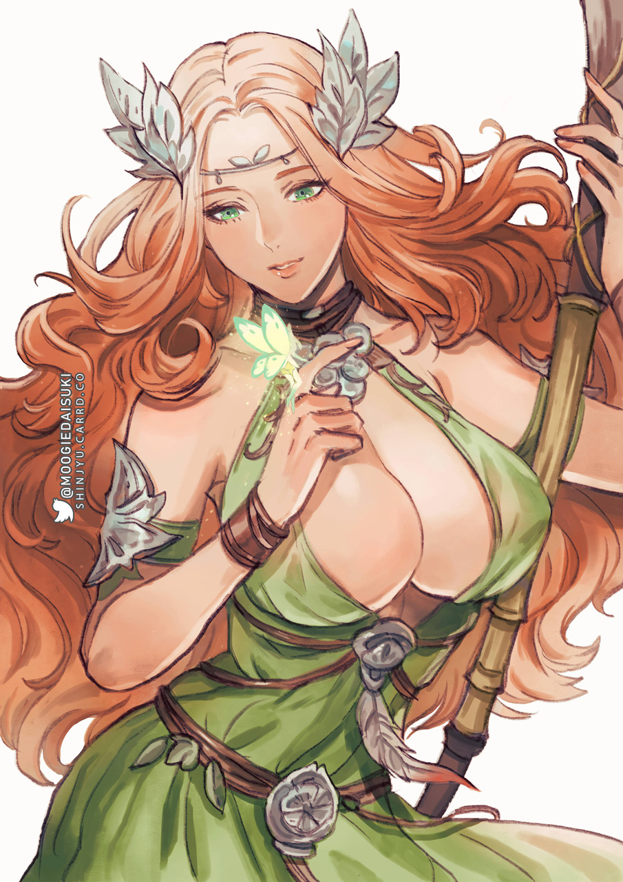 1girl bare_shoulders breasts brown_hair cleavage dress eos_(ff14) final_fantasy final_fantasy_xiv green_dress green_eyes halter_dress halterneck highres holding holding_scythe large_breasts laurel_crown long_hair nophica preyanan_suwanpramote scythe sleeveless sleeveless_dress wavy_hair white_background