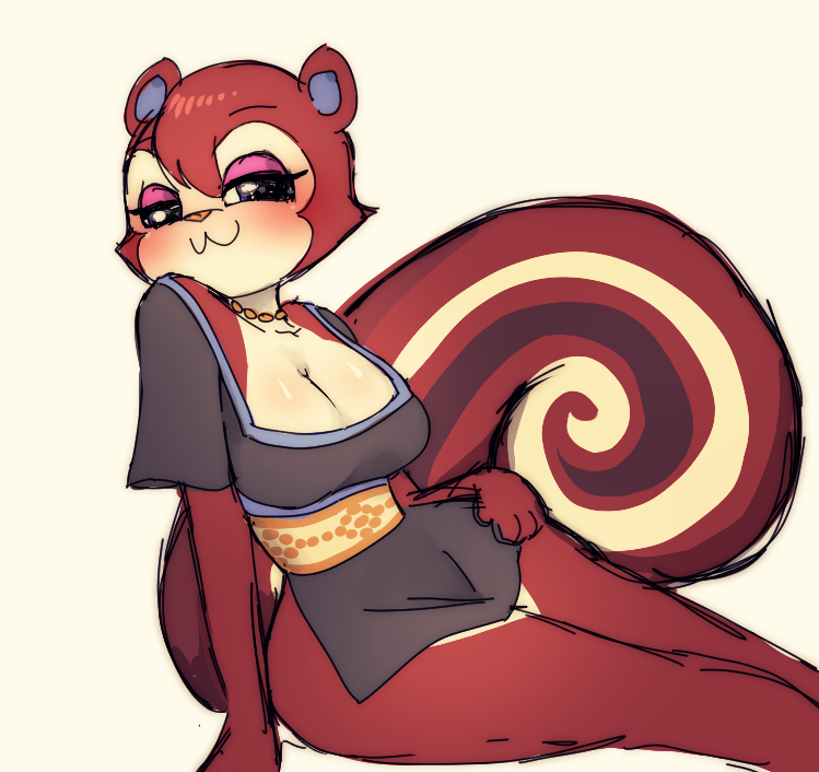 :3 animal_crossing anthro bangs big_breasts blush breasts cleavage clothed clothing colored curvy_figure dress female hourglass_figure long_bangs looking_at_viewer makeup mammal nintendo pecan_(animal_crossing) rodent sciurid simple_background sitting small_waist smug tree_squirrel unknown_artist voluptuous white_background wide_hips