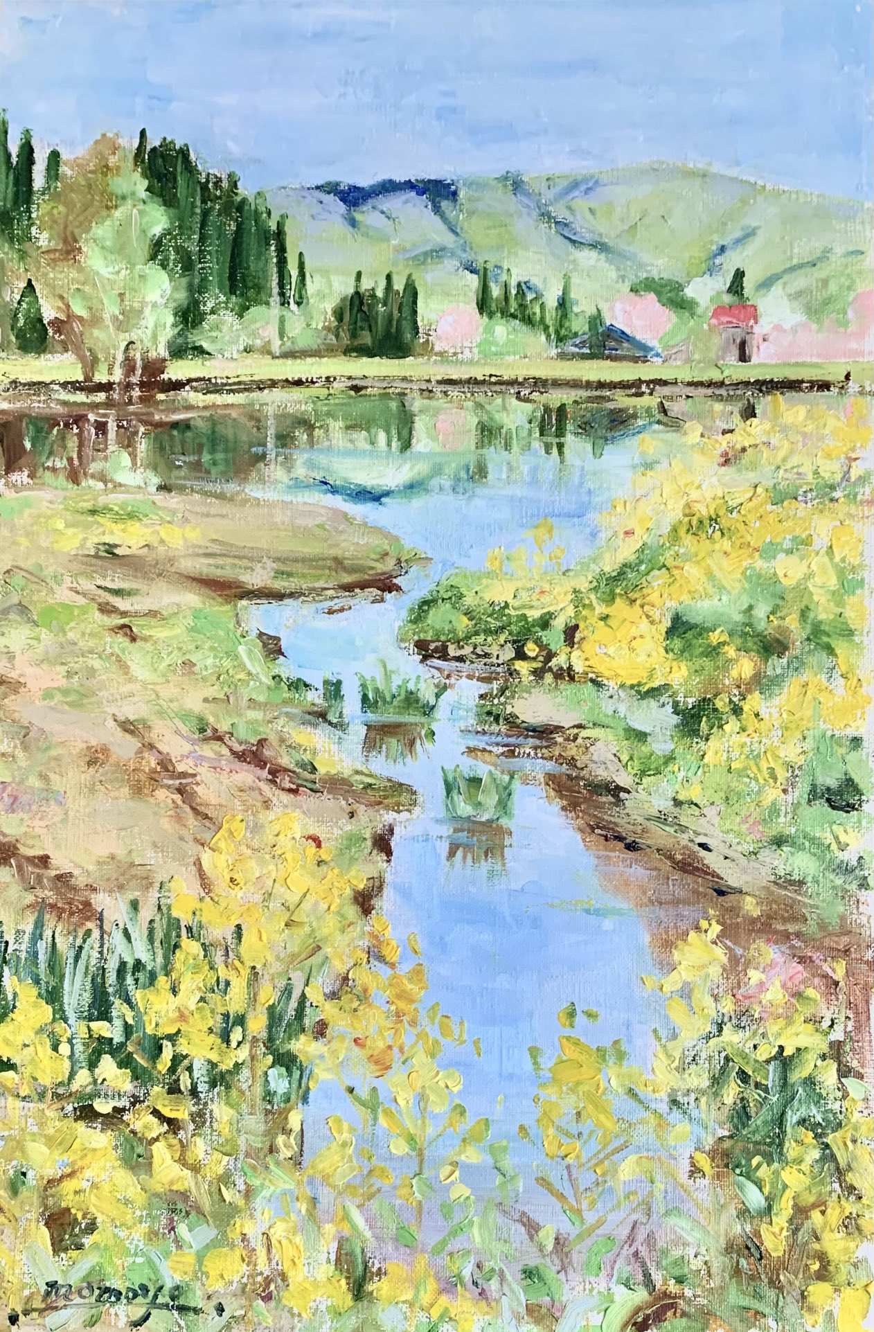 blue_sky day flower forest grass highres momo7rosemary mountain mountainous_horizon nature no_humans original outdoors painting_(medium) pastel_(medium) pond reeds reflection scenery sky traditional_media water yellow_flower