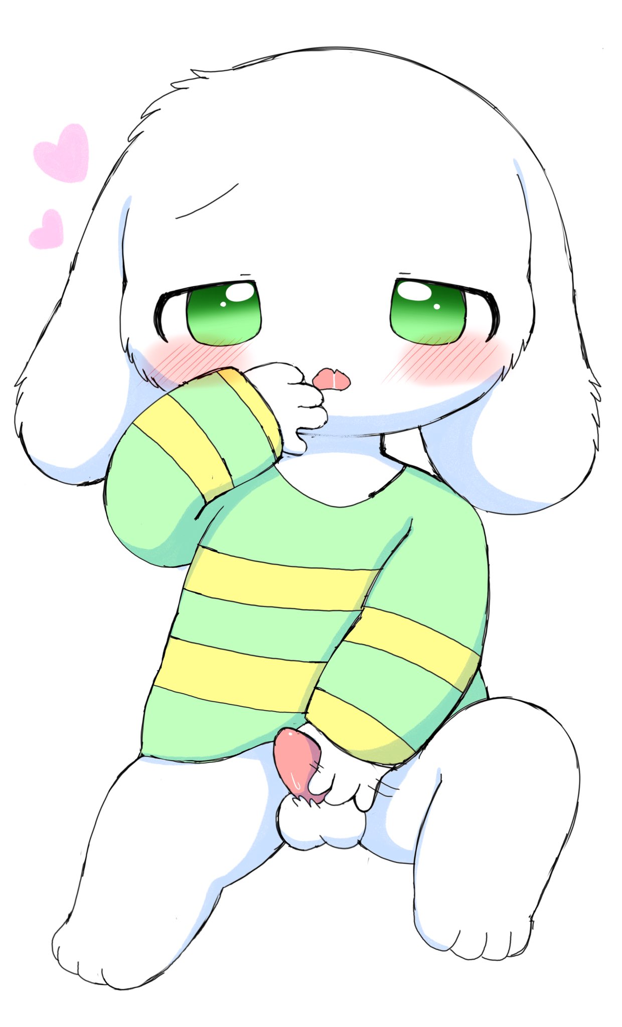 &lt;3 anthro asriel_dreemurr azuo balls blush boss_monster bottomless bovid caprine clothed clothing fur genitals goat green_eyes hand_on_penis hi_res male mammal masturbation pattern_clothing pattern_sweater pattern_topwear penile penile_masturbation penis simple_background solo striped_clothing striped_sweater striped_topwear stripes sweater tapering_penis topwear undertale undertale_(series) white_background white_body white_fur