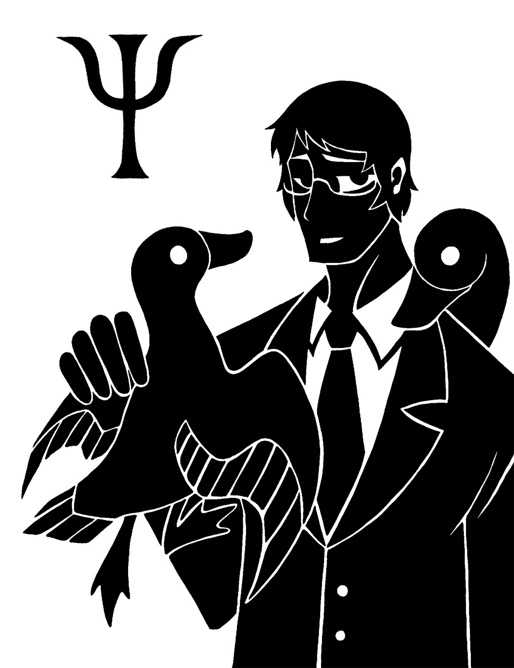 2015 5-fingers ambiguous_gender anatid anseriform avian avian_feet beak bird black_and_white clothed clothed_human clothed_male clothing digital_drawing_(artwork) digital_media_(artwork) duck eyewear feathered_wings feathers feet feral fingers front_view glasses group hair half-length_portrait hi_res holding_feral human larger_human larger_male looking_at_viewer male mammal membrane_(anatomy) monochrome necktie portrait restricted_palette scp_foundation short_hair silhouette simon_glass simple_background size_difference smaller_ambiguous smaller_feral suit sunnyclockwork symbol toes trio webbed_feet white_background wings