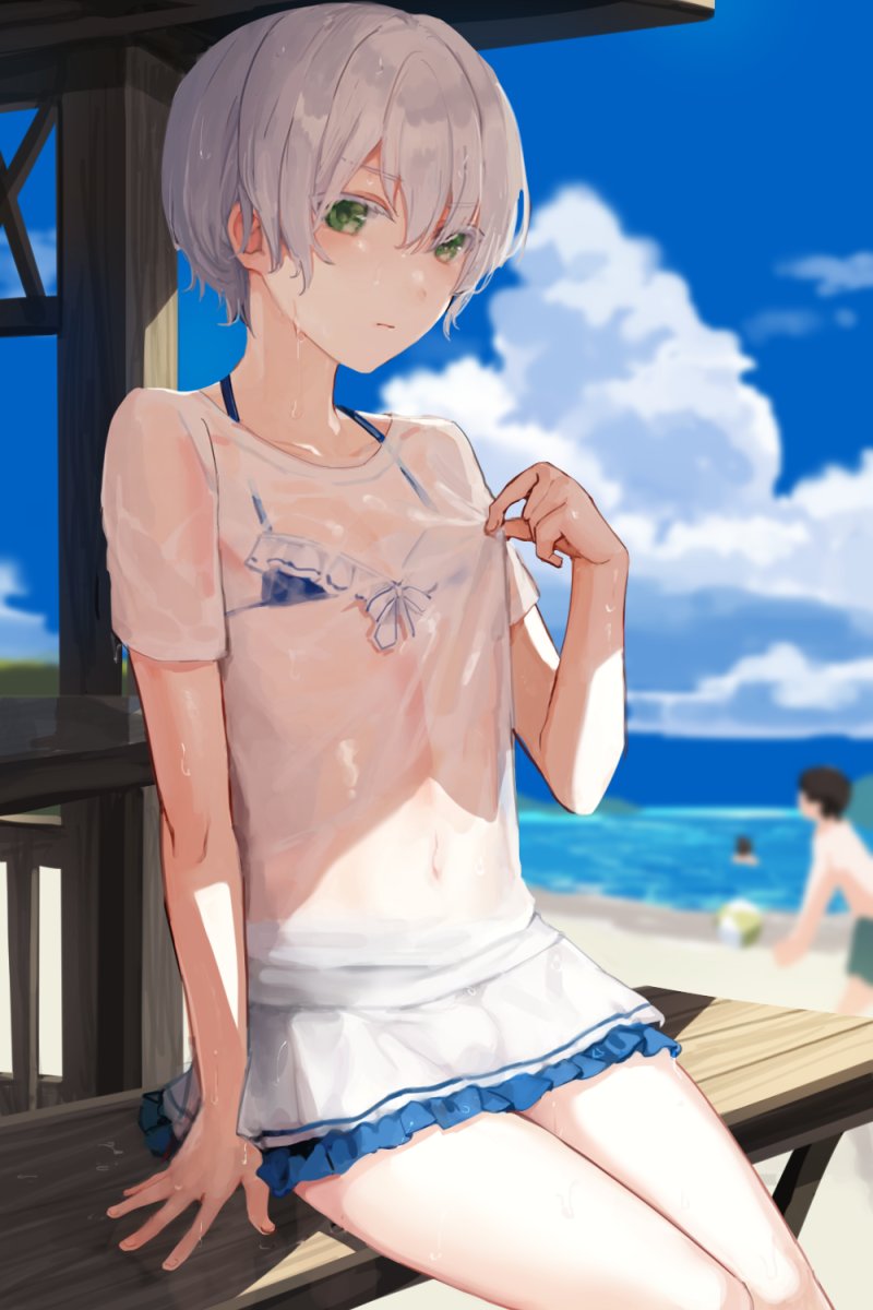 1other 2boys beach bench bikini bikini_skirt bikini_under_clothes blue_bikini closed_mouth cloud cloudy_sky gazebo green_eyes highres multiple_boys navel original otoko_no_ko outdoors shirt shirt_tug short_sleeves sitting sky solo_focus sunaba_(nczd5875) swimsuit t-shirt volleyball wet wet_clothes wet_hair white_hair white_shirt