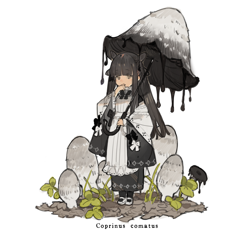 1girl apron black_bow black_bowtie black_hair blush bow bowtie brown_eyes covered_mouth hand_to_own_mouth hand_up holding holding_umbrella japanese_clothes kimono long_hair looking_ahead mary_janes mushroom mushroom_girl mushroom_umbrella original personification plant scientific_name shoes starshadowmagician umbrella white_background white_bow white_footwear