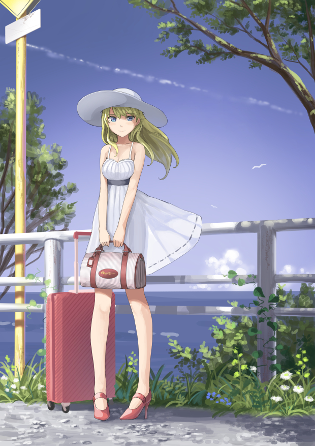 1girl bag bare_shoulders bird blonde_hair blue_eyes day dress expressionless full_body handbag hat high_heels horizon long_hair looking_at_viewer original outdoors railing sky sleeveless sleeveless_dress solo standing suitcase sun_hat sundress tree water white_dress white_headwear yoropa