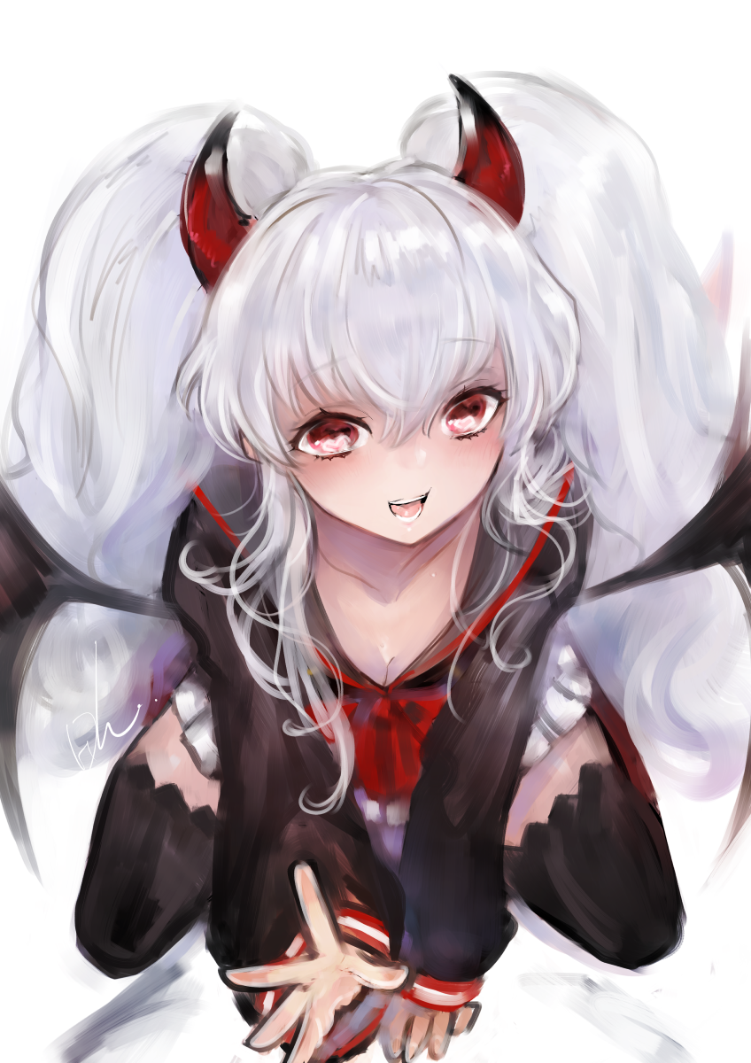 1girl :d bat_wings black_dress black_thighhighs black_wings bow breasts cleavage collarbone demon_horns doraeshi dress frilled_dress frills grey_sailor_collar grim_aloe hair_between_eyes heart heart-shaped_pupils highres horns long_hair long_sleeves open_mouth quiz_magic_academy quiz_magic_academy_the_world_evolve red_bow red_eyes red_horns sailor_collar sailor_dress short_dress sidelocks simple_background smile solo symbol-shaped_pupils teeth thighhighs twintails white_background white_hair wings