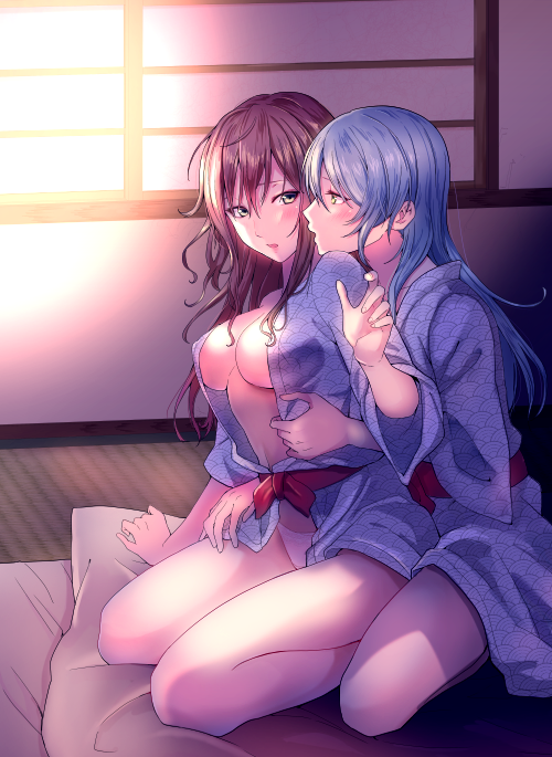 2girls aqua_hair bang_dream! breasts brown_hair cover cover_page doujin_cover futon green_eyes hikawa_sayo imai_lisa japanese_clothes kimono large_breasts light_rays looking_at_another multiple_girls open_clothes open_kimono panties sen'yuu_yuuji thighs underwear waist_ribbon white_panties yuri