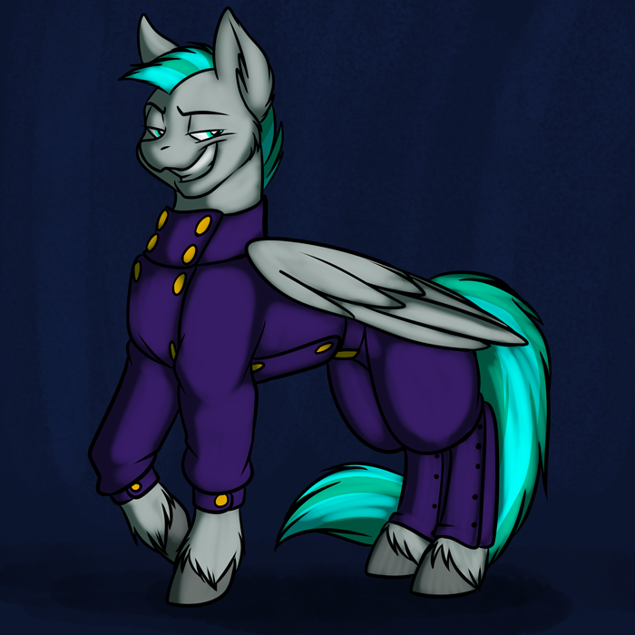 clothed clothed_feral clothing equid equine feral fetlocks foxenawolf fur goldfur's_cogsverse green_hair green_tail grey_body grey_fur grin hair isla_aukate male mammal pegasus smile solo tail uniform whirring_cogs wings