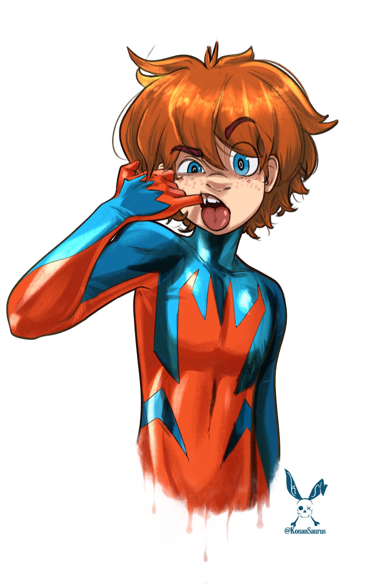 1boy animification artist_name bailey_briggs blue_eyes child english_commentary finger_in_own_mouth freckles highres konan_saurus looking_at_viewer male_child male_focus marvel red_hair solo spider-boy_(spider-man) spider-man_(series) spider-verse spider-verse_(comics) superhero tongue tongue_out tooth_gap two-tone_bodysuit upper_body white_background