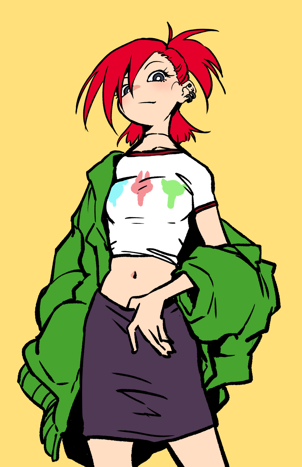 1girl casual crop_top cropped_shirt earrings foster's_home_for_imaginary_friends frankie_foster green_jacket henriiku_(ahemaru) highres jacket jewelry looking_at_viewer medium_hair midriff multiple_earrings navel off_shoulder ponytail print_shirt red_hair shirt simple_background skirt solo white_shirt yellow_background
