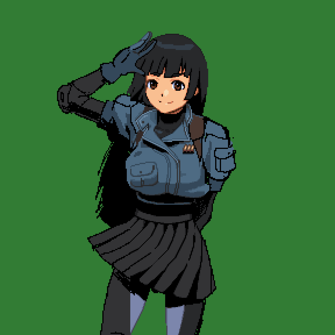 1girl black_hair black_skirt bodysuit breasts brown_eyes elbow_pads hime_cut jacket mai_ryugasaki picopico256 pilot_suit pixel_art pleated_skirt police police_uniform skirt the_scramble_vice two-tone_bodysuit uniform