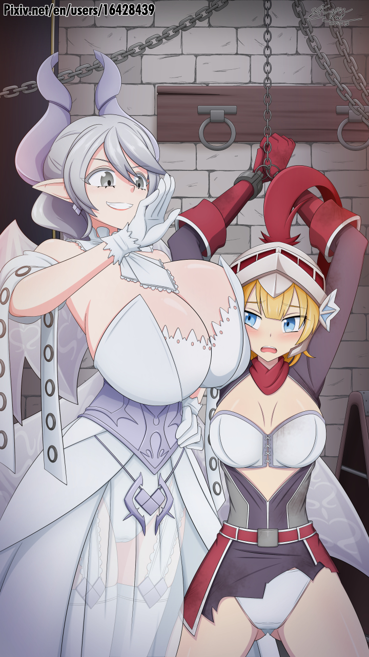 2girls bdsm blonde_hair blue_eyes blush breasts chain cleavage demon_girl demon_horns demon_wings dress duel_monster dungeon face_to_breasts femdom gloves grey_eyes grey_hair helmet highres horns huge_breasts indoors knight_(yu-gi-oh!) lovely_labrynth_of_the_silver_castle luna_xd medium_breasts medium_hair multiple_girls ojou-sama_pose panties pixiv_username pointy_ears see-through smile spanish_commentary thighhighs underwear white_panties wings yu-gi-oh! yuri