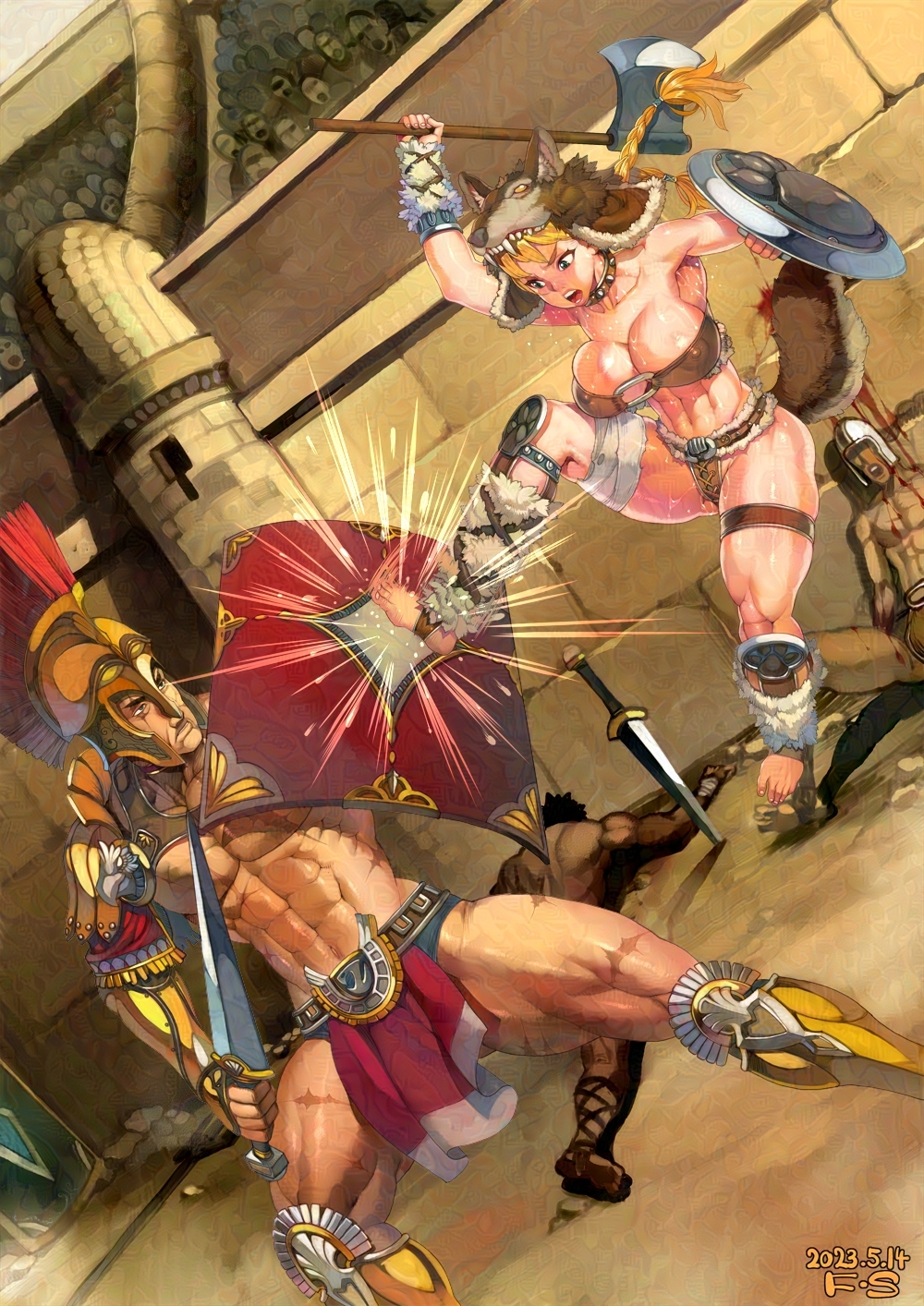 1girl 3boys abs architecture armor audience axe bandages barbarian barefoot blocking blonde_hair blood blood_stain breasts choker cleavage colosseum commentary_request corpse covered_nipples f.s. fighting gladiator gladius greaves greco-roman_architecture hat helmet highres holding holding_axe kicking large_breasts loincloth long_hair midriff mixed-sex_combat multiple_boys muscular muscular_female muscular_male navel o-ring o-ring_top open_mouth original roman_clothes scar shield spiked_choker spikes sweat tail thigh_strap twintails warrior wolf_hat