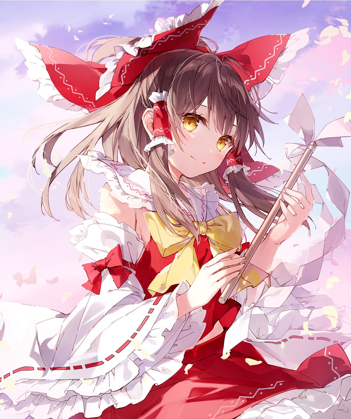 1girl bare_shoulders bow bowtie breasts brown_hair closed_mouth cloud cloudy_sky collared_shirt detached_sleeves fingernails frills gohei gradient_sky hair_between_eyes hair_bow hair_ornament hair_tubes hakurei_reimu hands_up highres holding holding_gohei long_fingernails long_sleeves looking_at_viewer medium_breasts mochizuki_shiina outdoors pink_sky ponytail purple_sky red_bow red_shirt red_skirt shirt short_hair short_ponytail skirt skirt_set sky smile solo standing touhou wide_sleeves yellow_bow yellow_bowtie yellow_eyes