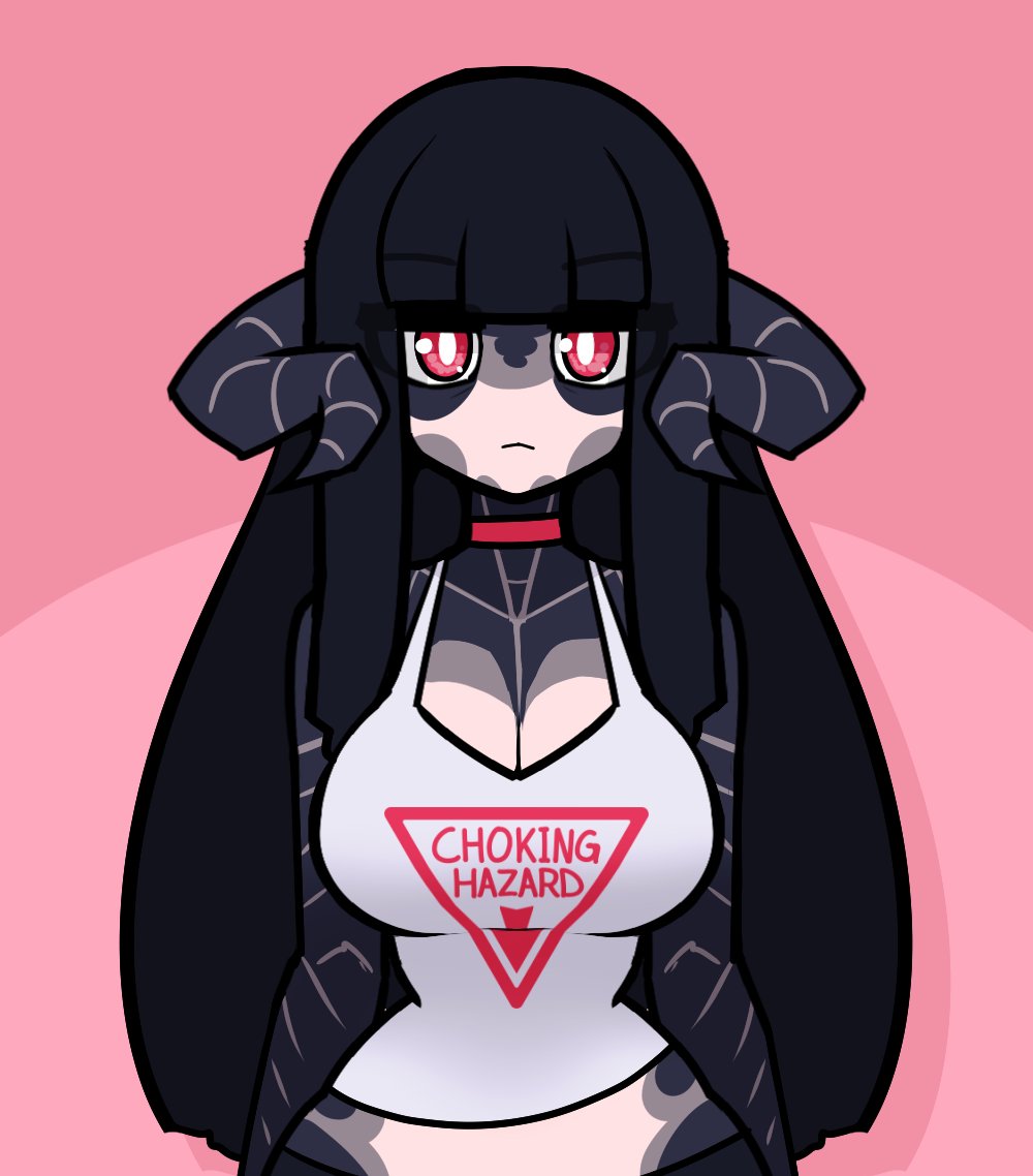 big_breasts black_hair breasts cleavage clothed clothing female hair horn horned_humanoid humanoid limebreaker looking_at_viewer red_eyes solo text text_on_clothing text_on_topwear topwear wide_hips